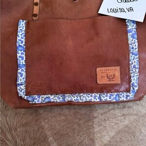 Brown Leather Tote Bag with Blue Floral Trim